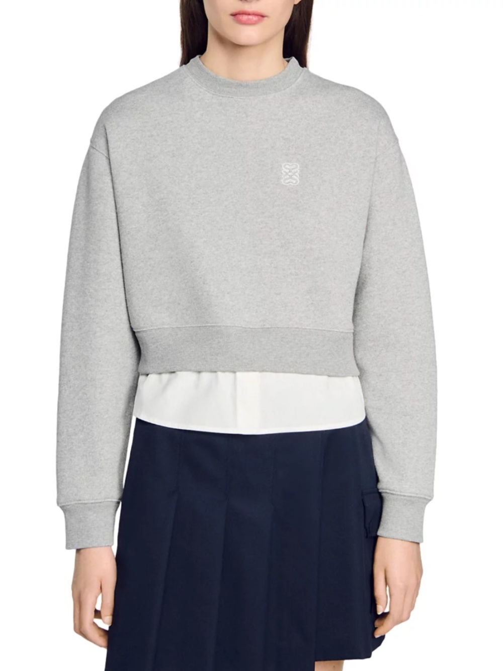 Sandro Paris Meribel 2-In-1 Layered Grey Cropped Sweatshirt Shirt Hem Top